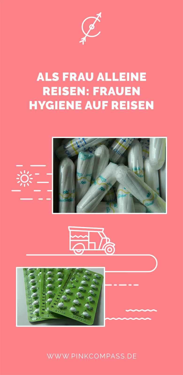 Als Frau alleine reisen: Wie Du an Reisetagen mit Deinen Tagen umgehen kannst und welche Optionen Du für Deine Menstruation auf Reisen hast, besprechen wir bis ins Detail! Tampons, dauerhaft die Pille oder doch eine Menstruationstasse auf Reisen? Lass es uns diskutieren!